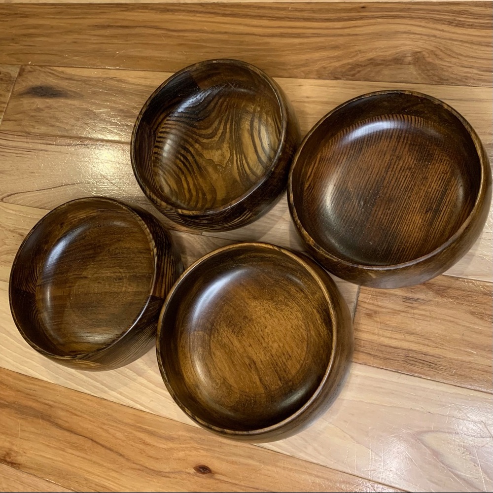Vintage Wooden Salad Dinner Bowls Round Set of 4